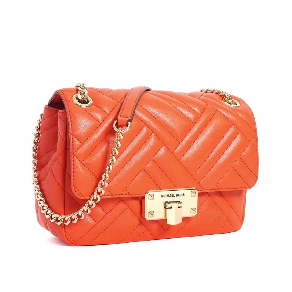 NWT Michael Kors Peyton Medium Quilted Flap Chainlink Shoulder Bag In Mandarin